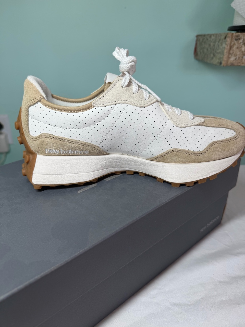 New Balance White and Tan New Balance 327 'Incense Sea Salt' (MS327PS) size 8 W - Picture 8 of 13